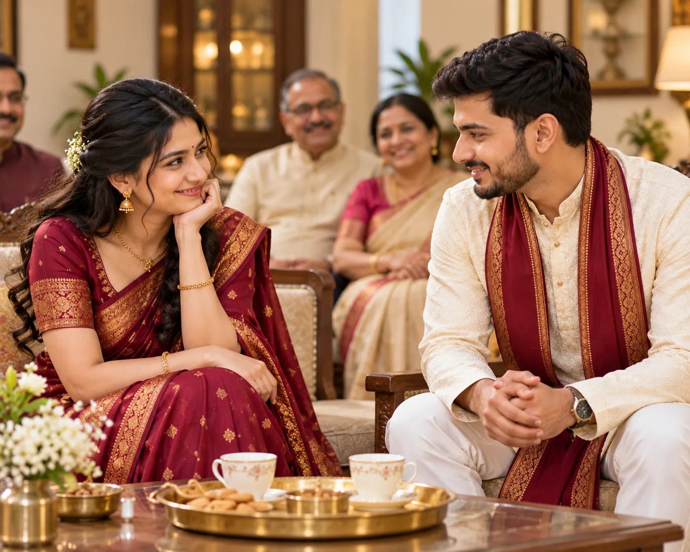 Young couple smiling at a family meeting over chai, parents in the background