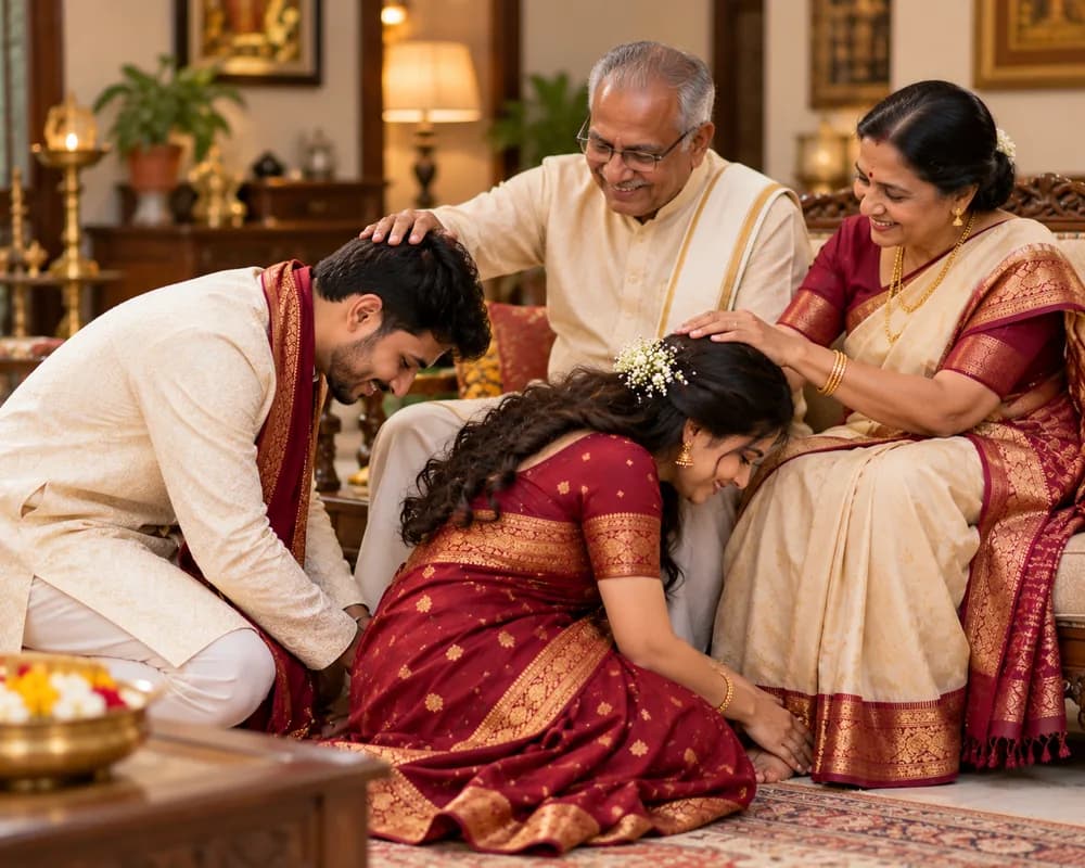 Couple taking blessings from their grandparents at home