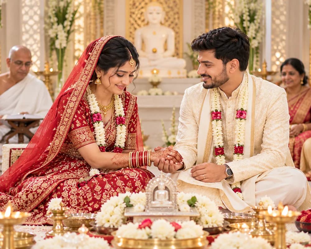 Bride and groom in traditional attire at a Jain wedding ceremony