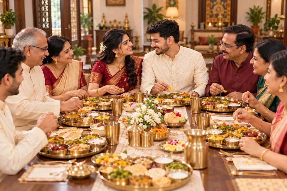 Two families sharing a vegetarian meal together and laughing