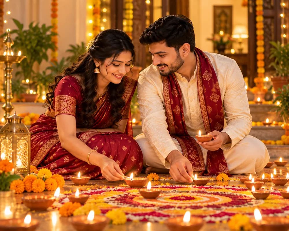 Couple lighting diyas together on Diwali