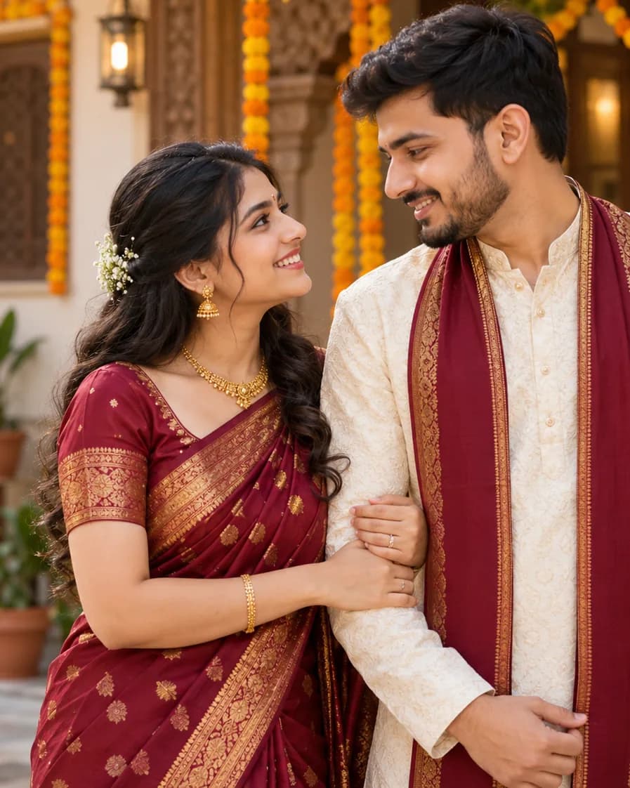 Happy Jain couple smiling together in traditional attire